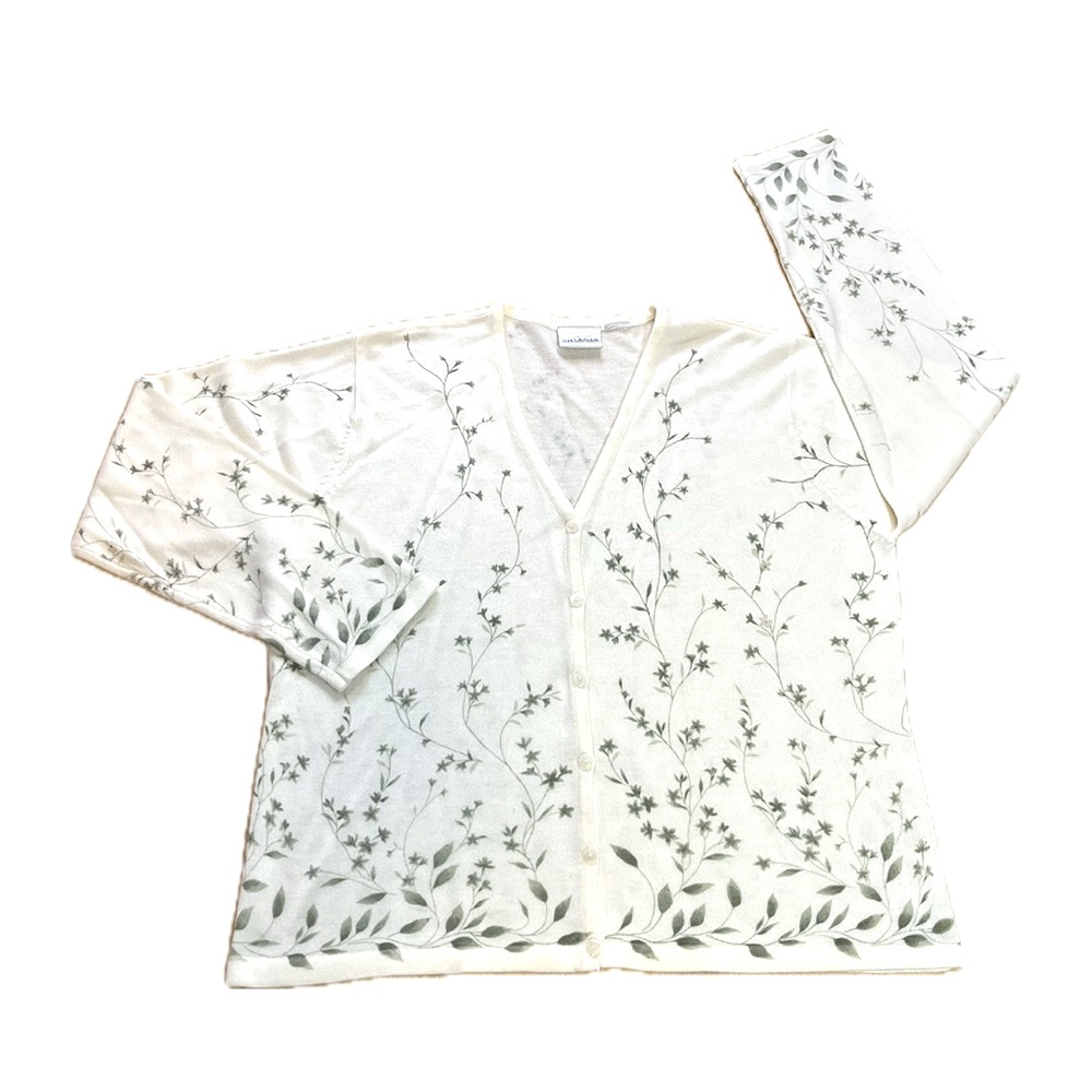 VTG Liz Claiborne Villager White & Green Floral V-Neck ButtonDown XL Cottagecore